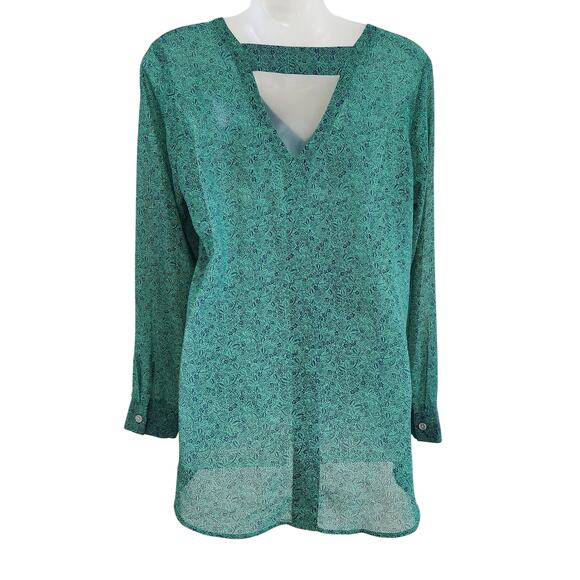 Cabi Floral Long Sleeve V-Neck Sheer Work Blouse Green Career Wear Size Medium - Picture 2 of 11